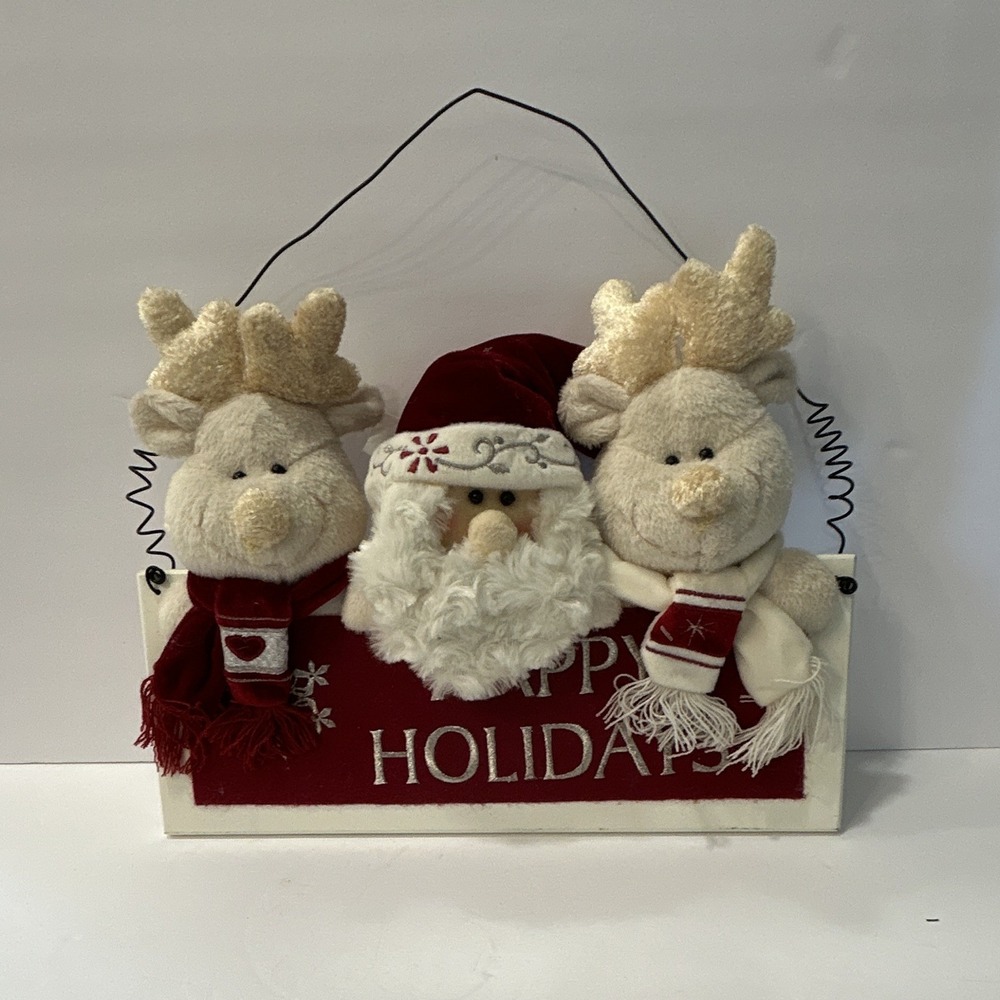 Plush Santa & Reindeer "HAPPY HOLIDAYS" Hanging Plaque/Sign Christmas Decor